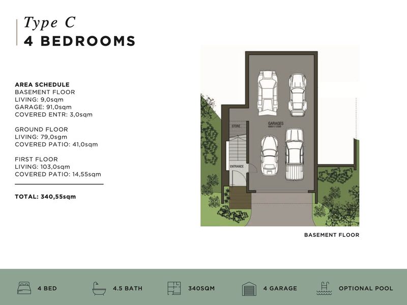 Architectural floor plan for Type C property, detailing the basement level including a four-car garage, storage area, and entrance access.