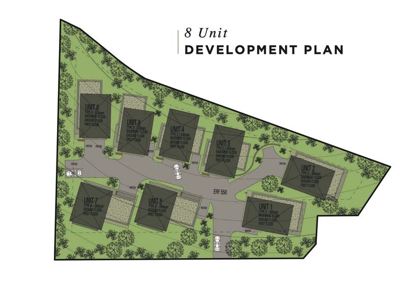 A site development plan illustrating the layout of eight residential units on the property.