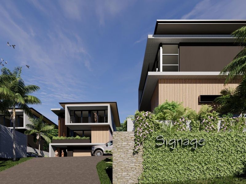 A modern architectural rendering of a multi-level residential property featuring stone retaining walls, timber cladding, and a paved driveway.
