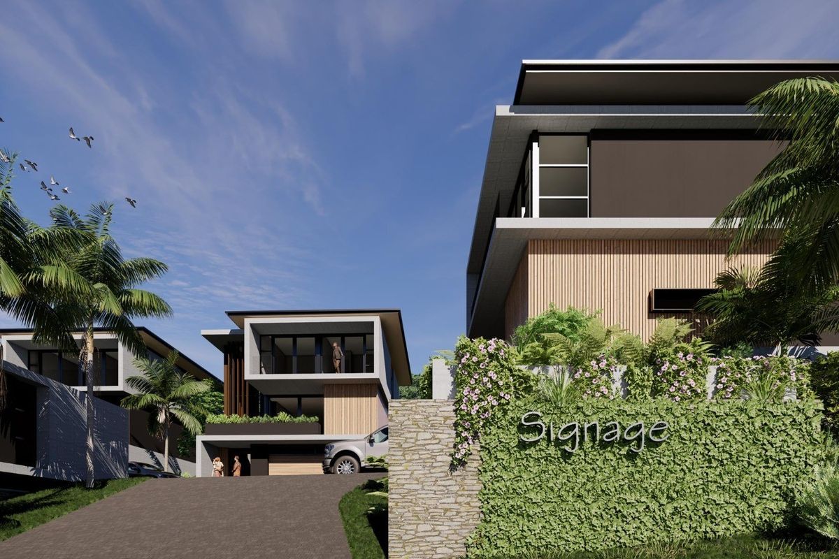 A modern architectural rendering of a multi-level residential property featuring stone retaining walls, timber cladding, and a paved driveway.