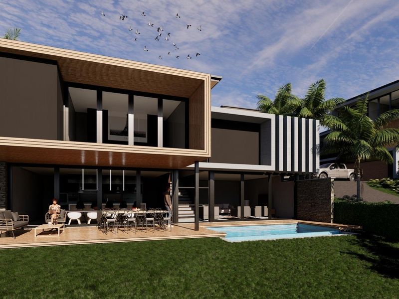 Modern architectural rear elevation featuring a swimming pool, expansive timber decking, and large sliding glass doors connecting indoor and outdoor living spaces.
