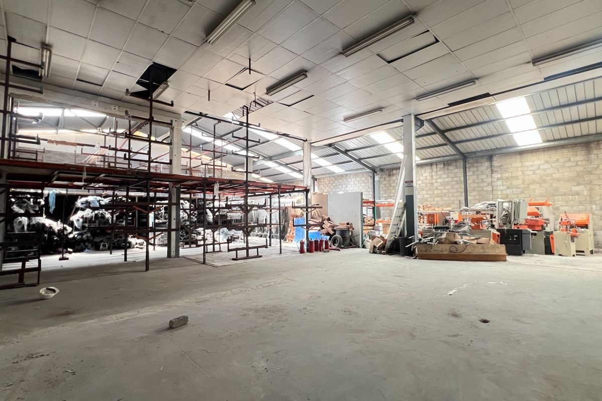 Spacious industrial warehouse featuring high ceilings with skylights, concrete flooring, and a built-in steel mezzanine structure for storage or operational use.