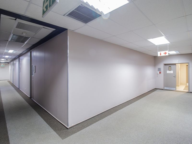 A clean, well-maintained commercial office hallway featuring neutral partition walls, carpeted flooring, and a suspended ceiling with integrated lighting and ventilation.