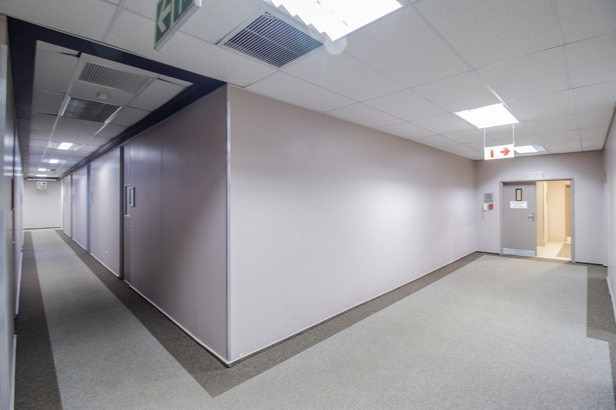 A clean, well-maintained commercial office hallway featuring neutral partition walls, carpeted flooring, and a suspended ceiling with integrated lighting and ventilation.