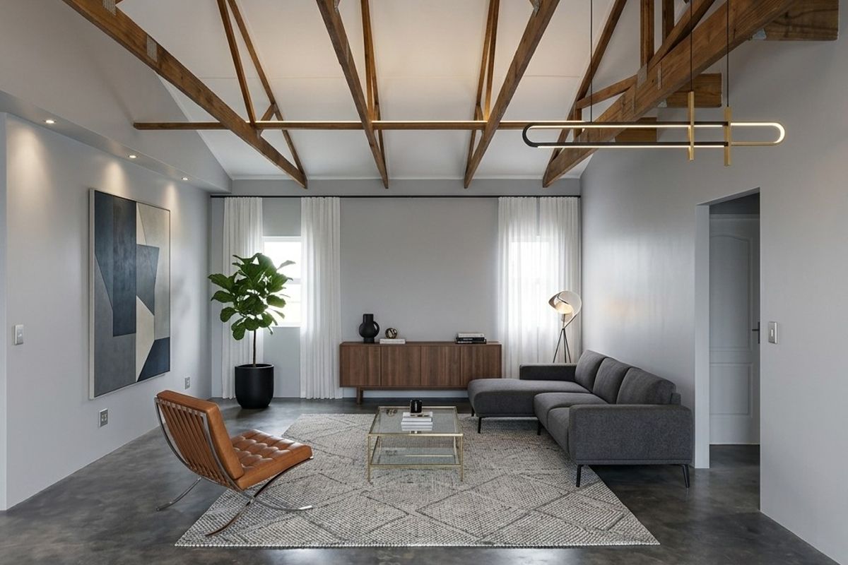 Spacious living room featuring high vaulted ceilings with exposed timber trusses, polished concrete floors, and modern architectural lighting.
