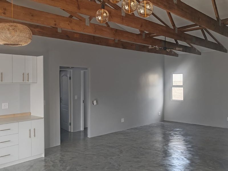 Spacious open-plan living area featuring polished concrete floors, exposed timber roof trusses, and modern built-in kitchen cabinetry with contemporary pendant lighting.
