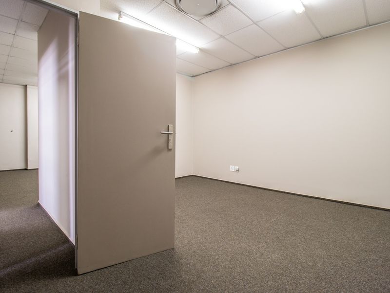 A vacant commercial office space featuring neutral walls, carpeted flooring, and a suspended ceiling with integrated lighting.