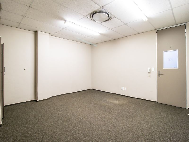 A vacant commercial office space featuring neutral walls, carpeted flooring, and a suspended ceiling with integrated lighting.