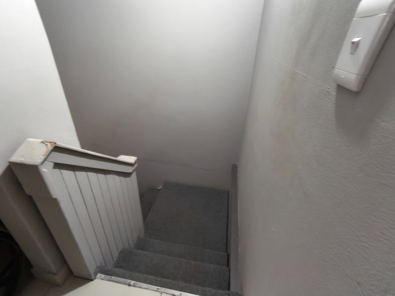 A narrow staircase leading downwards with grey carpeting, featuring a painted wooden handrail and visible wall staining.