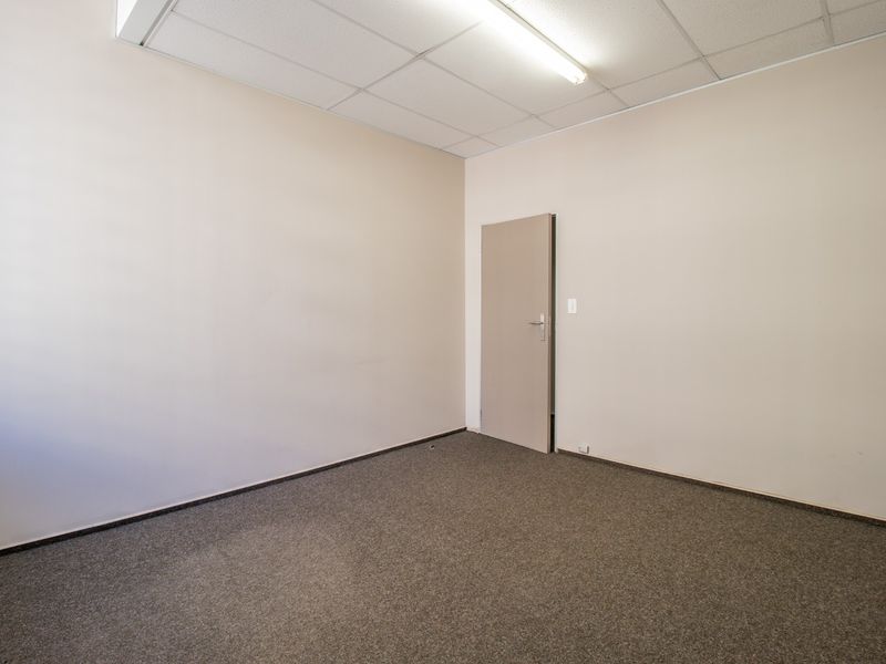 A clean, empty office space featuring neutral walls, carpet flooring, and a suspended ceiling with integrated lighting.