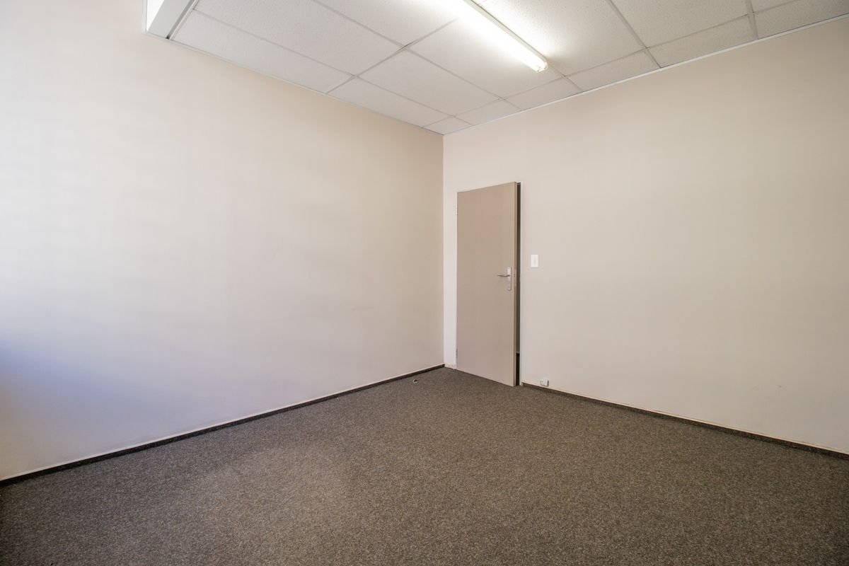 A clean, empty office space featuring neutral walls, carpet flooring, and a suspended ceiling with integrated lighting.