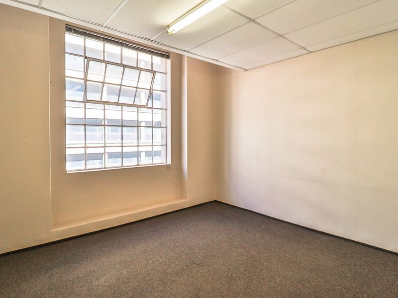 A vacant office space featuring a grid ceiling, industrial steel-framed window, and carpeted flooring, suitable for a professional workspace.