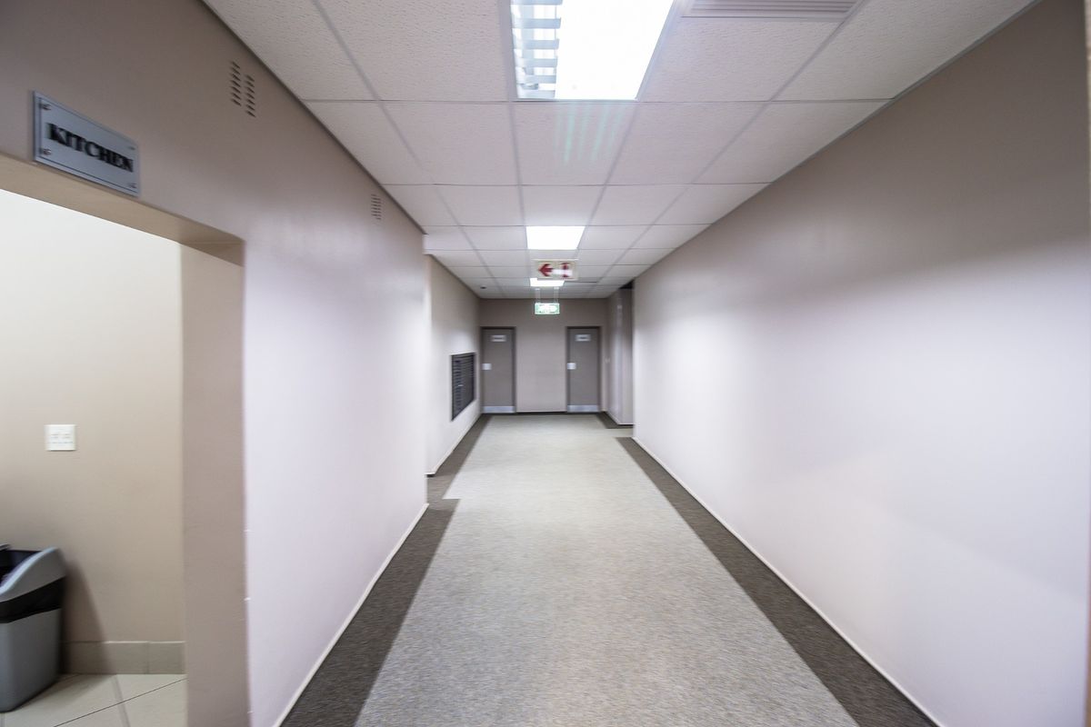A clean, well-lit commercial hallway featuring neutral walls, carpeted flooring, and a suspended ceiling with recessed lighting.