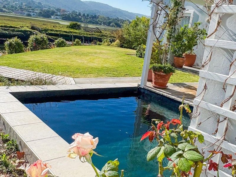 A well-maintained plunge pool with stone coping and timber decking, set against a scenic garden and mountain view.