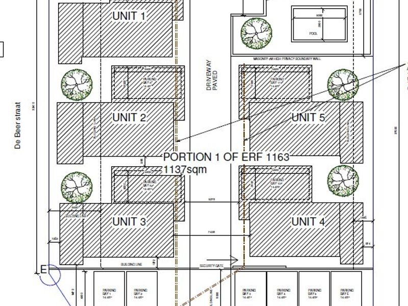 A detailed site plan for a residential development featuring five units, a paved driveway, parking bays, and a swimming pool on a 1137sqm erf.
