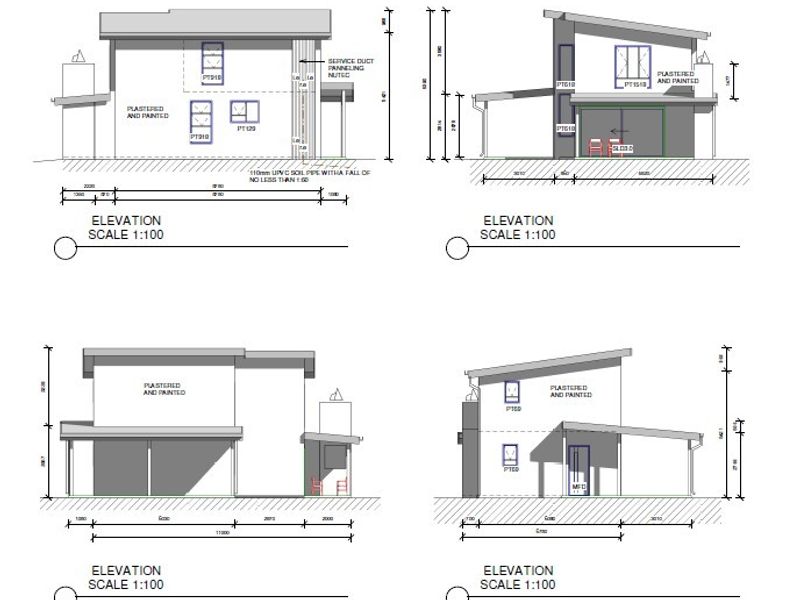 Architectural elevation drawings showing the exterior facade design and dimensions for the property.
