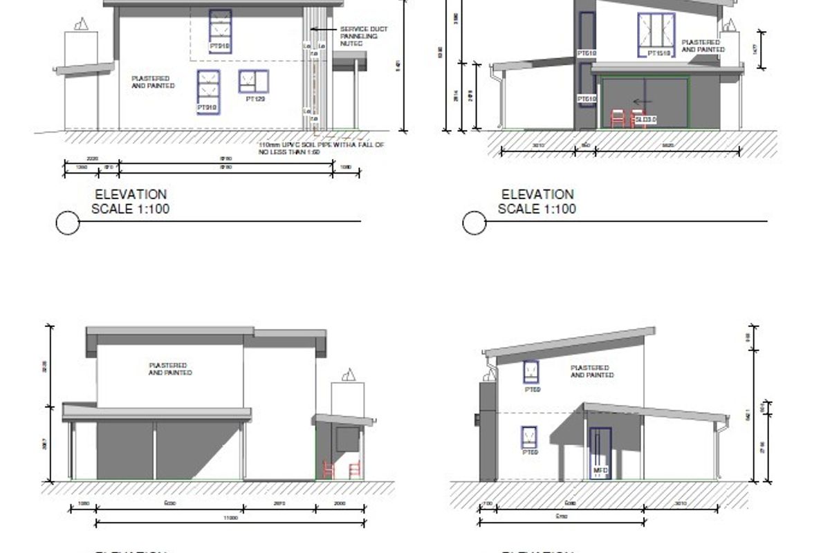Architectural elevation drawings showing the exterior facade design and dimensions for the property.