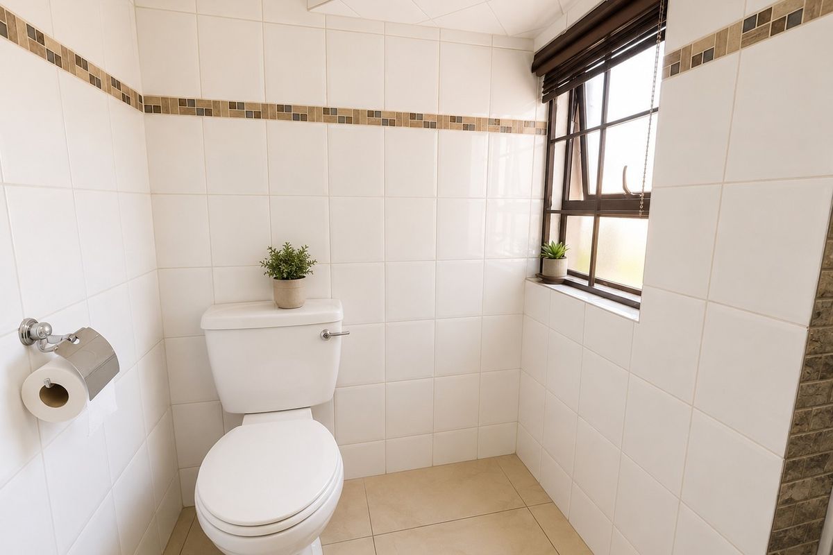 A functional bathroom featuring white wall tiles with a decorative border, tiled flooring, and a window for natural light.