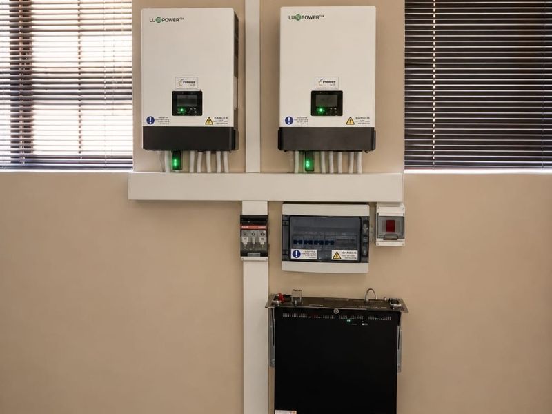 A clean utility area featuring a dual solar inverter system, battery storage, and a modern electrical distribution board.
