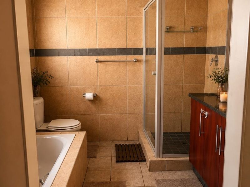 A functional bathroom featuring a built-in bathtub, a separate shower enclosure, a vanity cabinet, and neutral wall and floor tiling.