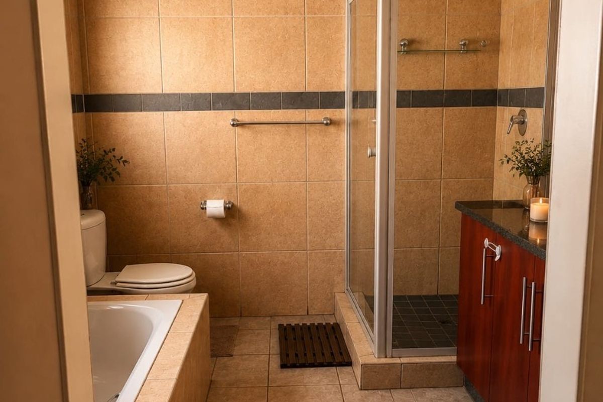 A functional bathroom featuring a built-in bathtub, a separate shower enclosure, a vanity cabinet, and neutral wall and floor tiling.