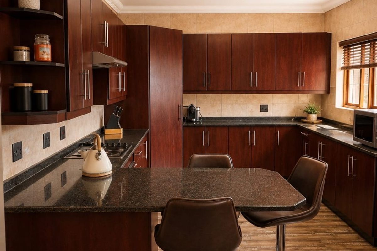 A well-maintained kitchen featuring dark wood cabinetry, granite countertops, a built-in gas hob with extractor, and a functional breakfast nook area.
