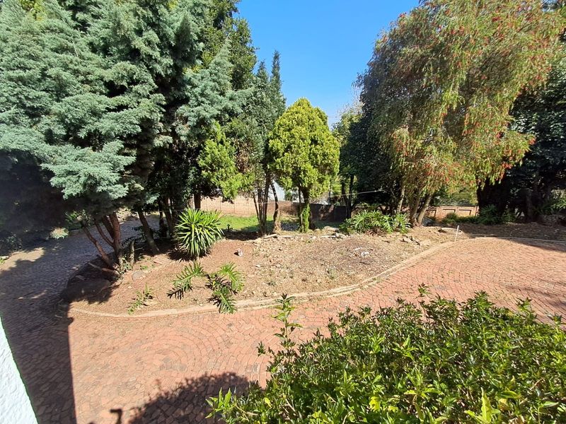 A view of the property's garden featuring mature trees, established landscaping, and a brick-paved driveway area.