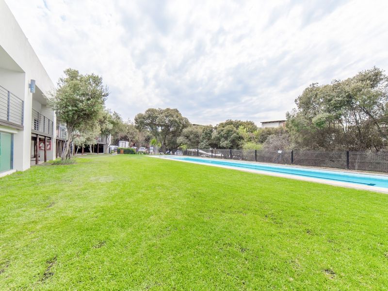 A spacious communal garden area featuring a long swimming pool, well-maintained lawn, and direct access to the apartment building's balconies.