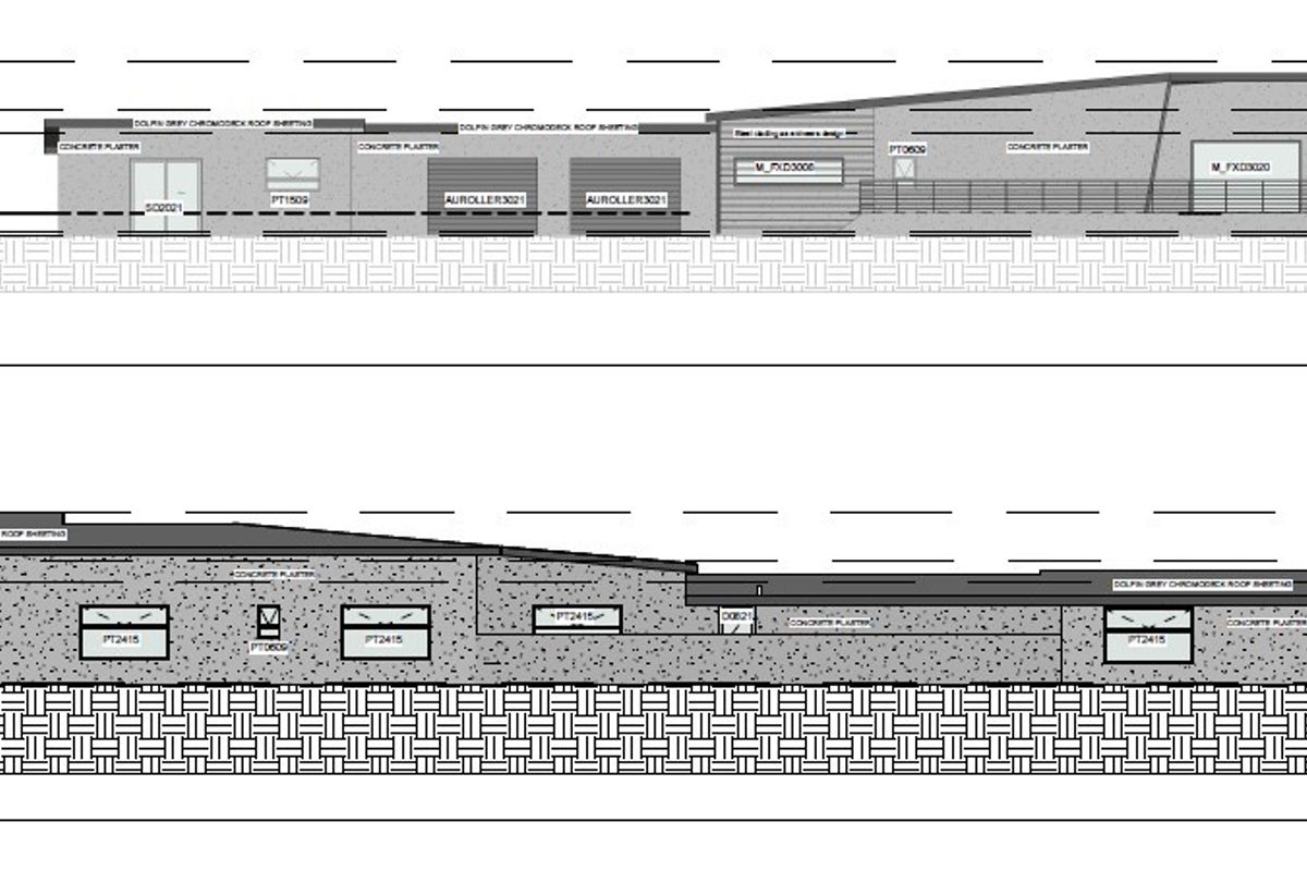 Architectural north and south elevation drawings detailing the building facade, roof structure, and window placements for the property.