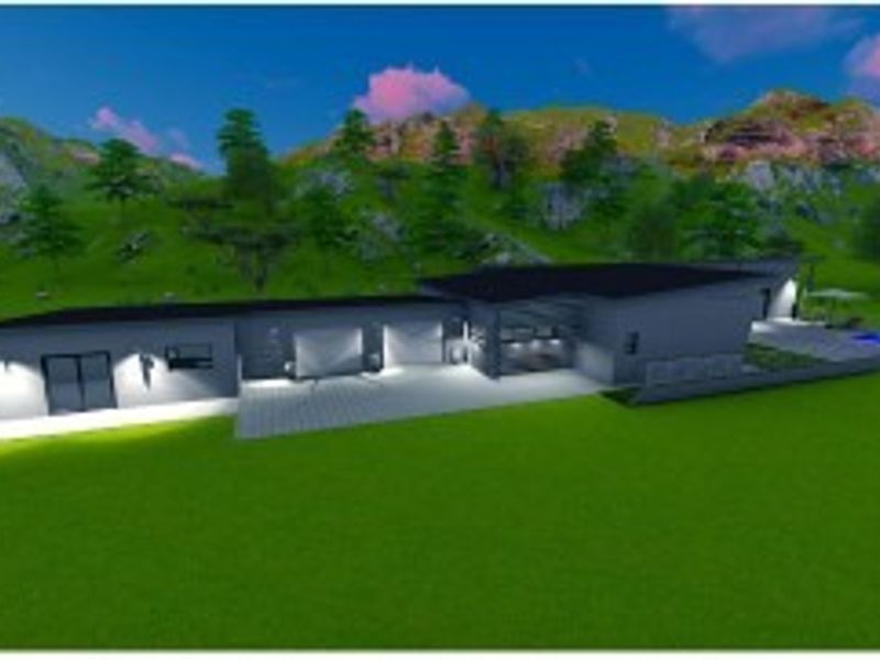 An aerial view of a modern single-story house featuring a swimming pool, paved driveway, and attached garage, set against a mountainous landscape.