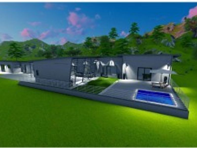 An aerial perspective of a modern architectural design featuring a swimming pool, expansive decking, and glass balustrades set within a landscaped environment.