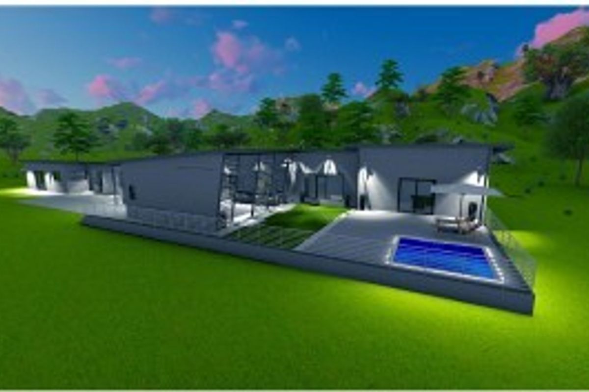 An aerial perspective of a modern architectural design featuring a swimming pool, expansive decking, and glass balustrades set within a landscaped environment.