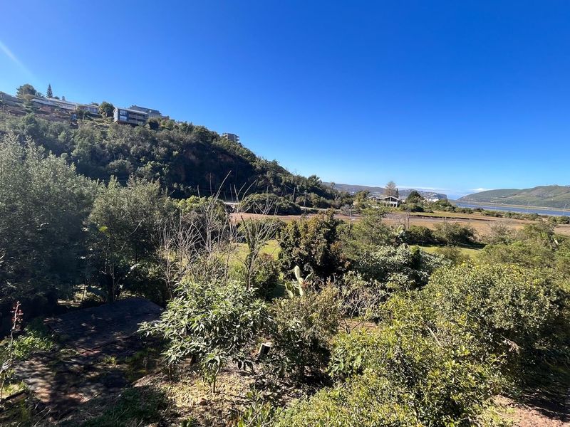 A scenic elevated view overlooking a lush green landscape, trees, and distant hills under a clear blue sky.