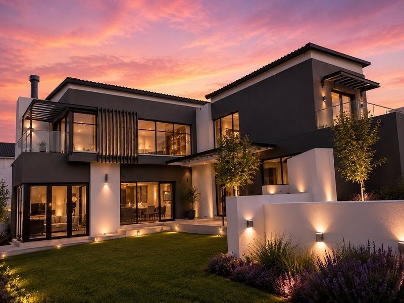 A stunning modern double-story residence featuring contemporary architectural design, expansive glass sliding doors, integrated outdoor lighting, and a beautifully landscaped rear garden at sunset.
