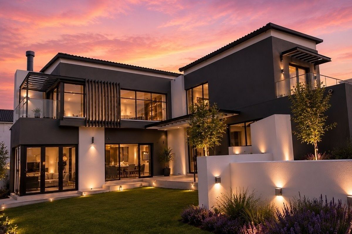 A stunning modern double-story residence featuring contemporary architectural design, expansive glass sliding doors, integrated outdoor lighting, and a beautifully landscaped rear garden at sunset.