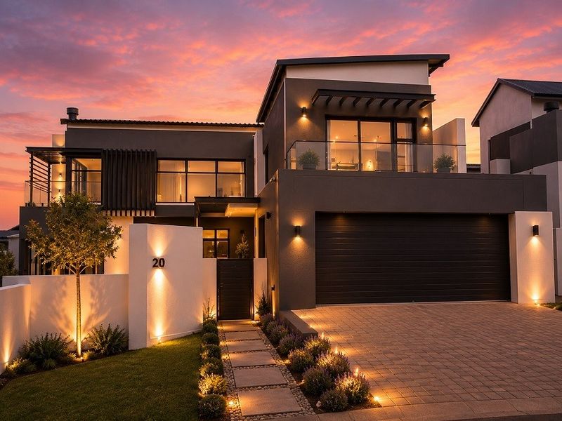 Modern double-story residential facade featuring a paved driveway, integrated double garage, balcony with glass balustrade, and sophisticated exterior accent lighting at dusk.