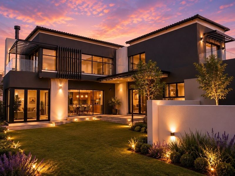 A stunning modern double-story home featuring a landscaped garden, expansive glass sliding doors, and integrated outdoor lighting at dusk.