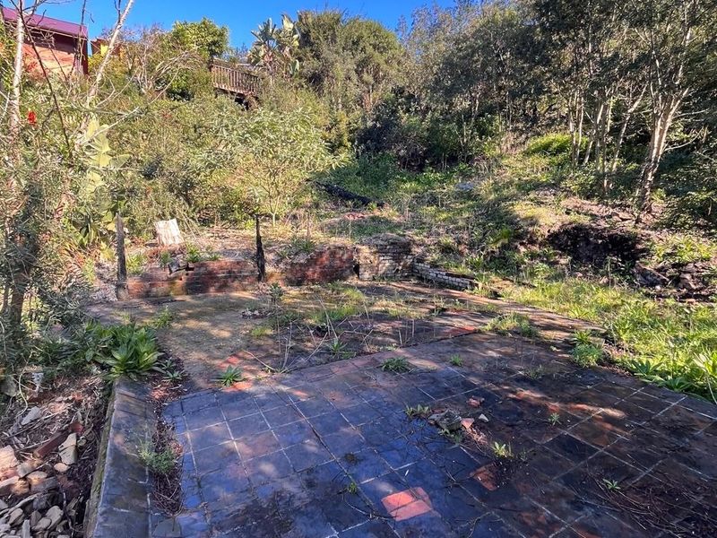 Sloping residential land featuring a weathered tiled patio area, brick retaining walls, and established overgrown garden vegetation.