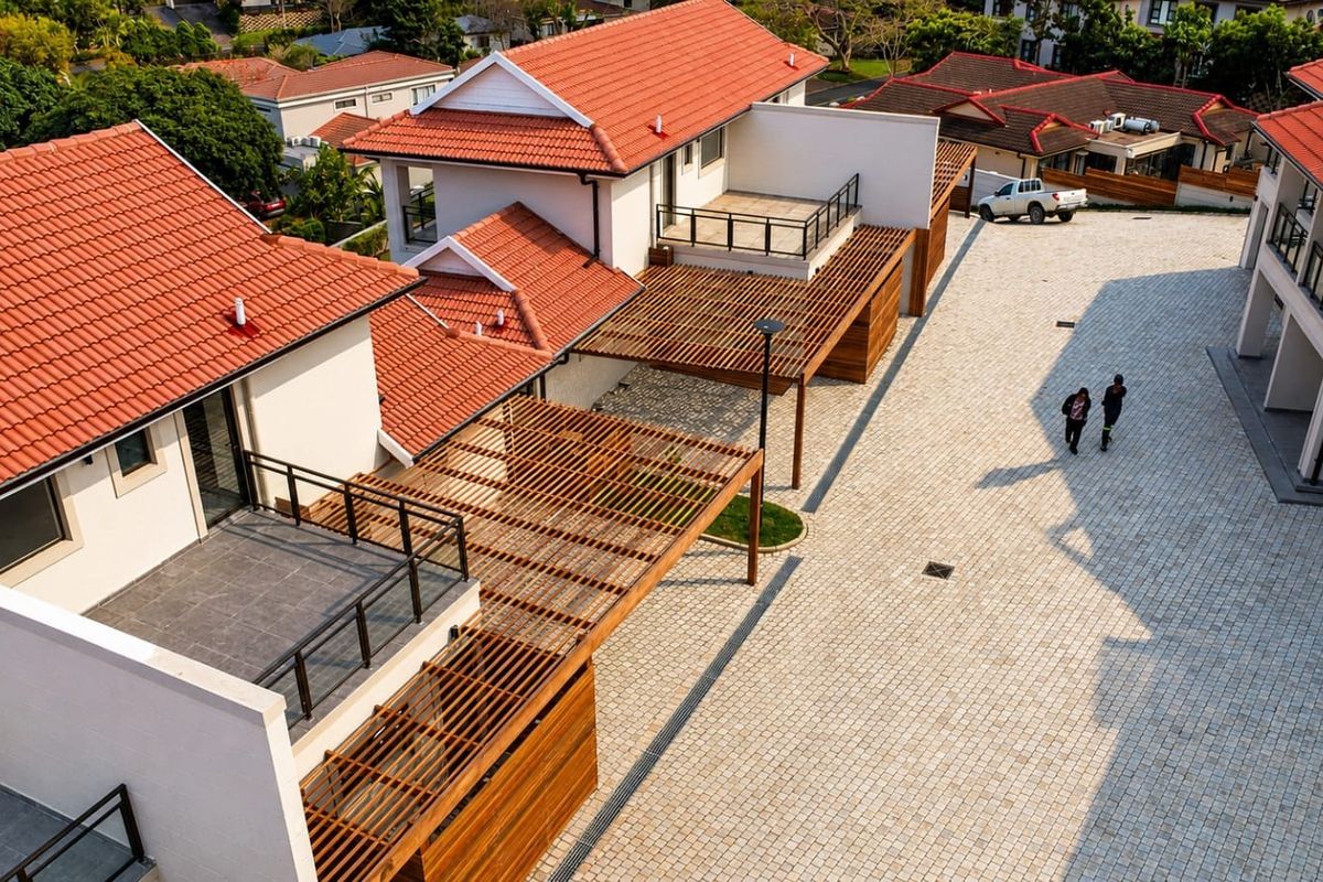 Aerial view of a townhouse complex featuring terracotta tiled roofs, timber pergolas, and a paved communal driveway area.