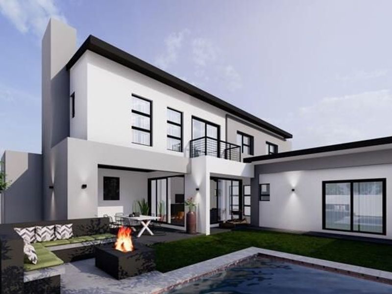Modern two-story rear exterior featuring a swimming pool, built-in fire pit area, balcony, and contemporary architectural design with large sliding glass doors.