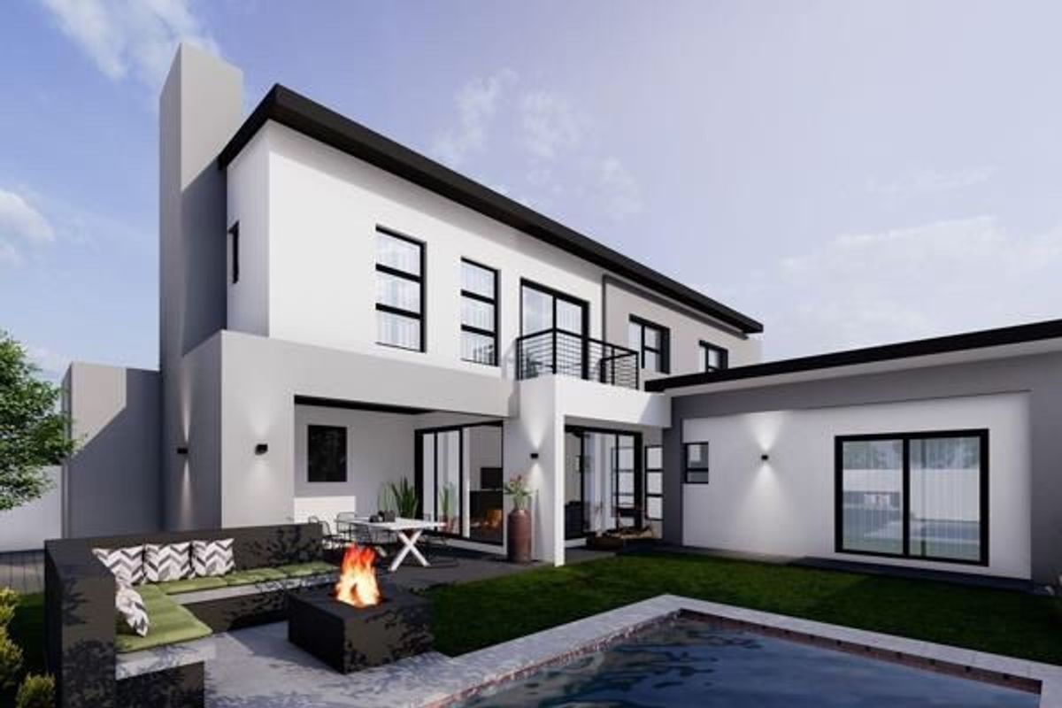 Modern two-story rear exterior featuring a swimming pool, built-in fire pit area, balcony, and contemporary architectural design with large sliding glass doors.