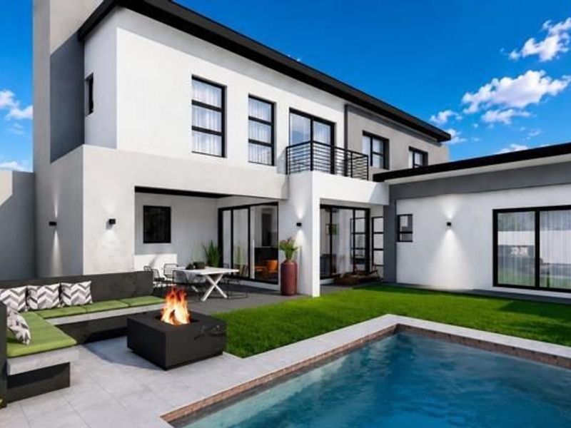 Modern rear exterior featuring a swimming pool, paved patio area with built-in seating, and a contemporary two-story facade with balcony.