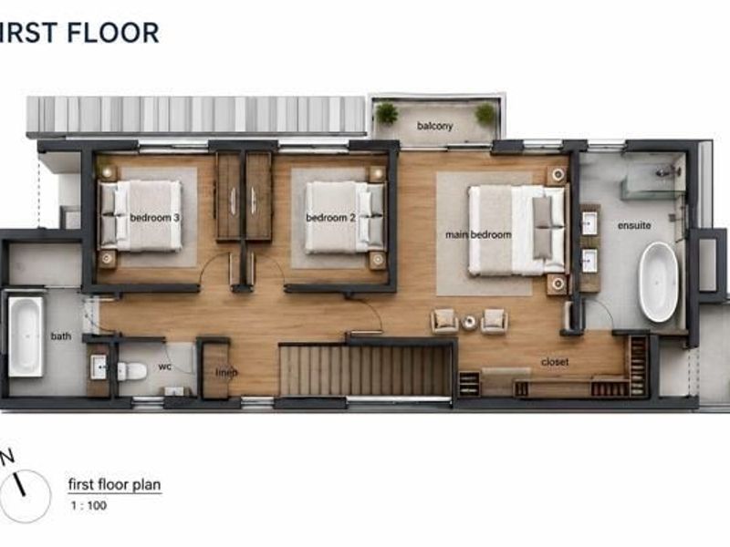 A detailed first-floor architectural plan showing the layout of three bedrooms, a main bedroom with ensuite, a shared bathroom, and a balcony.
