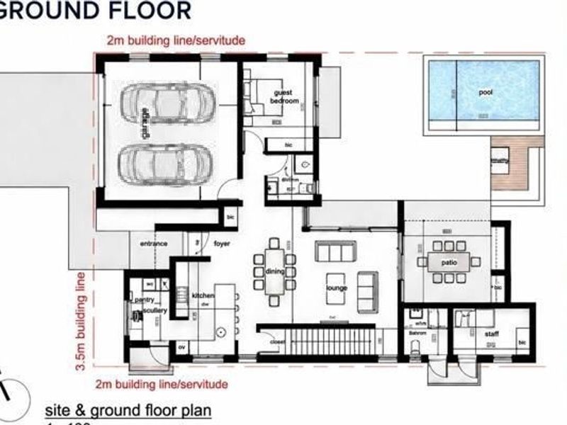A detailed ground floor architectural plan showing the layout of the garage, living areas, kitchen, bedrooms, and outdoor pool area.