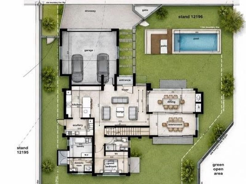Architectural floor plan showing the layout of the ground floor, including garage, living areas, kitchen, scullery, laundry, guest bedroom, patio, and swimming pool.