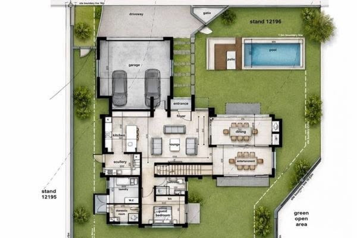 Architectural floor plan showing the layout of the ground floor, including garage, living areas, kitchen, scullery, laundry, guest bedroom, patio, and swimming pool.