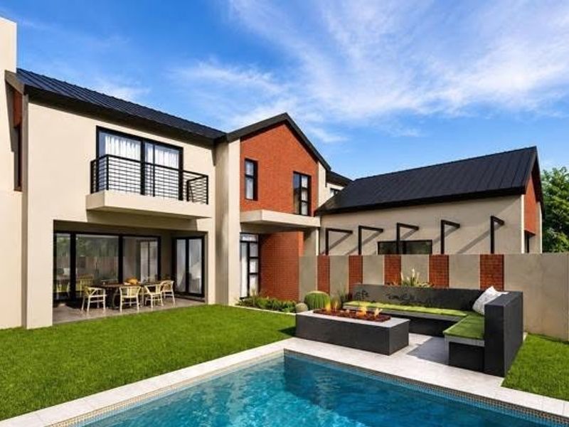 Modern rear exterior featuring a swimming pool, built-in fire pit with bench seating, a covered patio, and a balcony overlooking the landscaped garden.