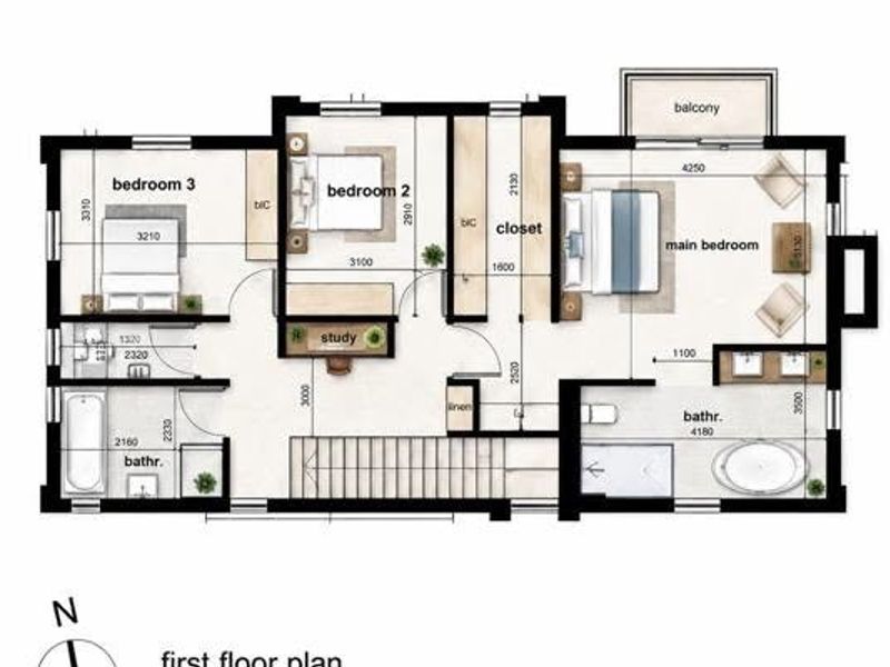A detailed first-floor plan showing three bedrooms, a study, a walk-in closet, two bathrooms, and a balcony.