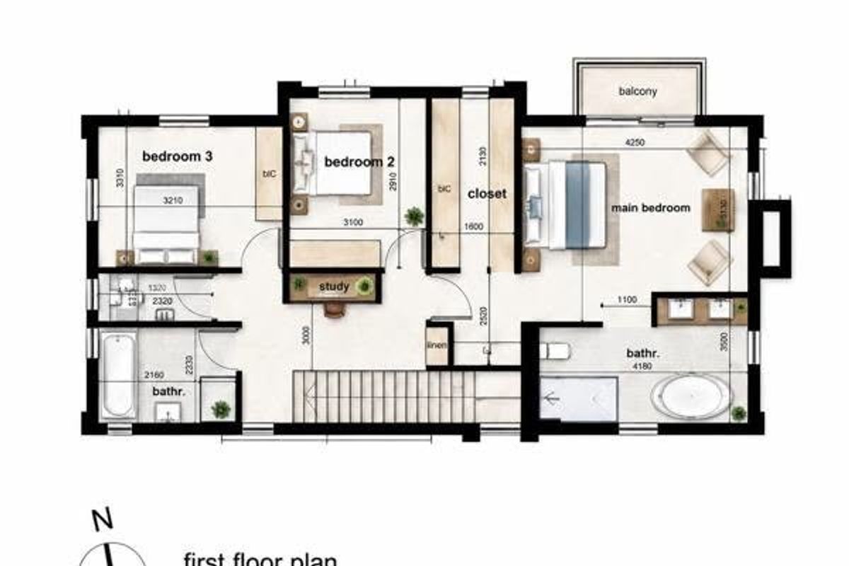 A detailed first-floor plan showing three bedrooms, a study, a walk-in closet, two bathrooms, and a balcony.