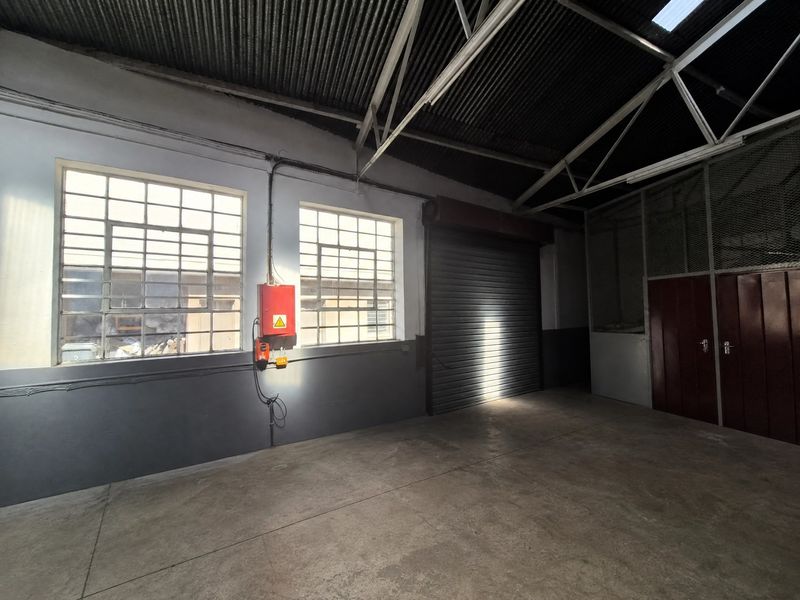 Spacious industrial utility area featuring high-clearance corrugated roofing, concrete flooring, secure roller shutter access, and large steel-framed windows for natural light.